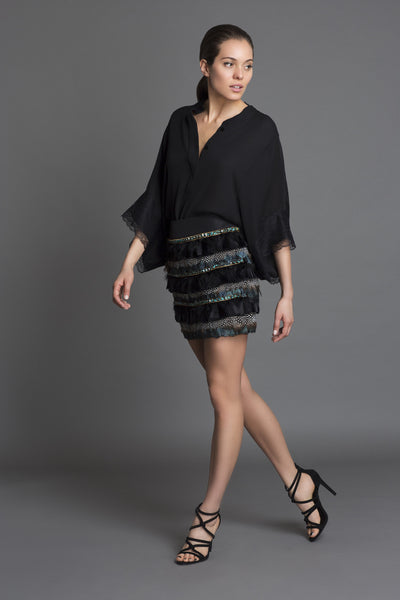 Blackbird Statement Mini Skirt Embellished with Feathers + Stones