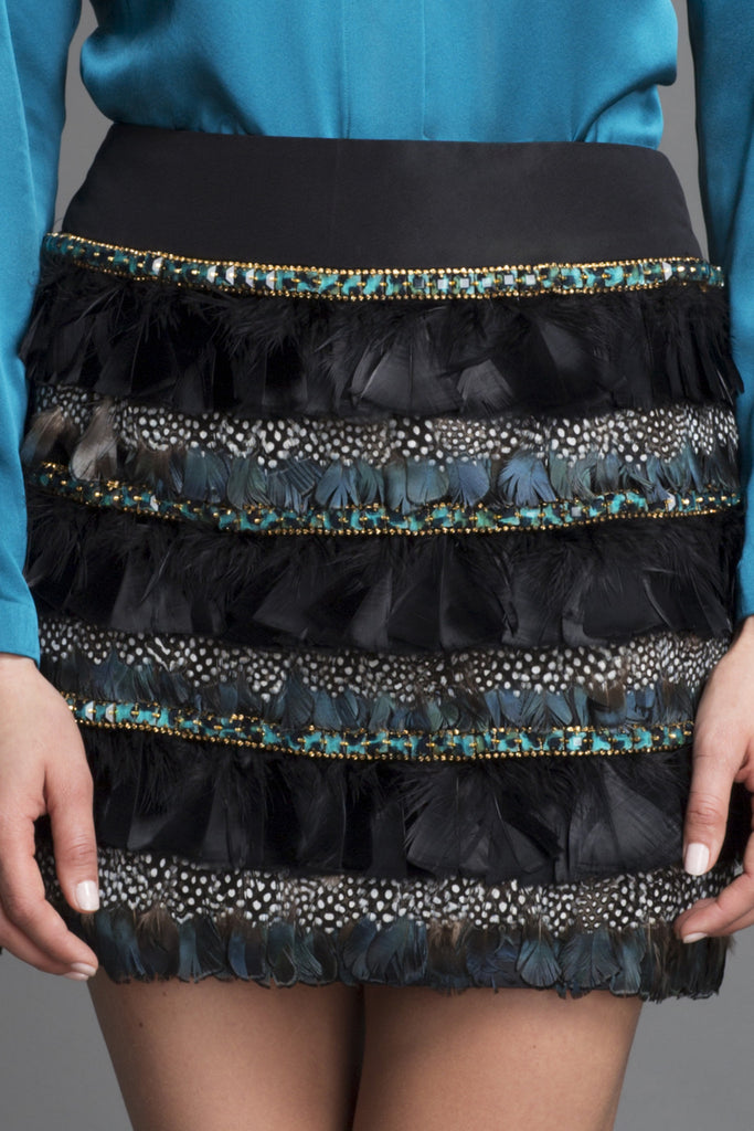 Blackbird Statement Mini Skirt Embellished with Feathers + Stones