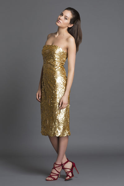 Gold Crush Embellished Strapless Sheath Dress