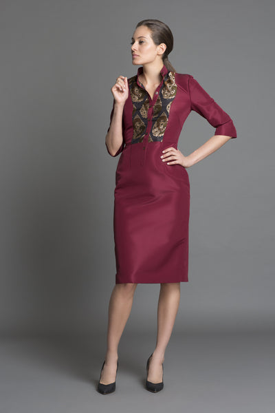 Silk Faille Pencil Dress with Benares Silk Brocade Yoke