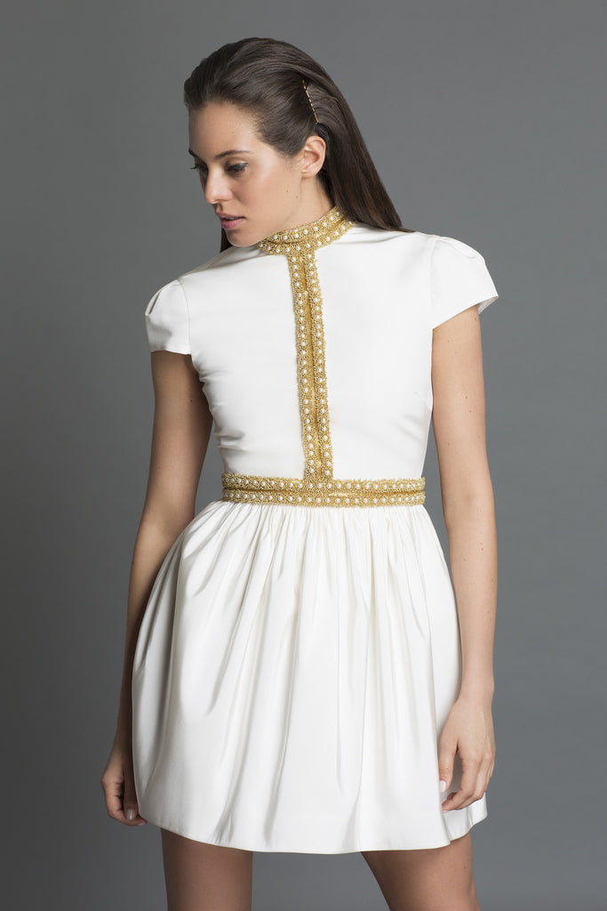 Pavé Pearl + Gold Harness Embellished Dress in Silk Faille