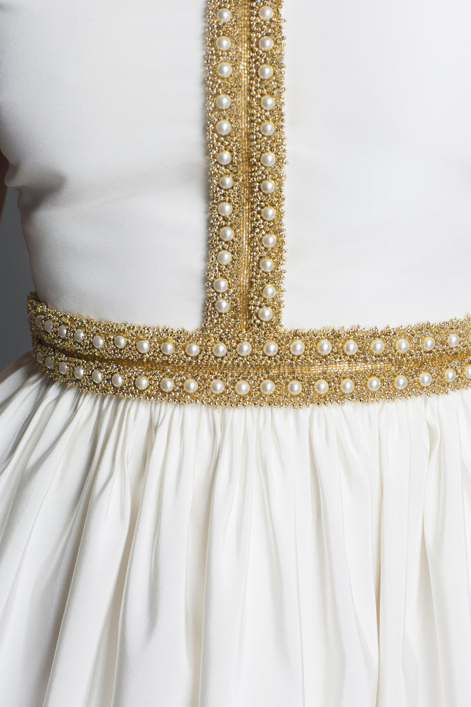 Pavé Pearl + Gold Harness Embellished Dress in Silk Faille