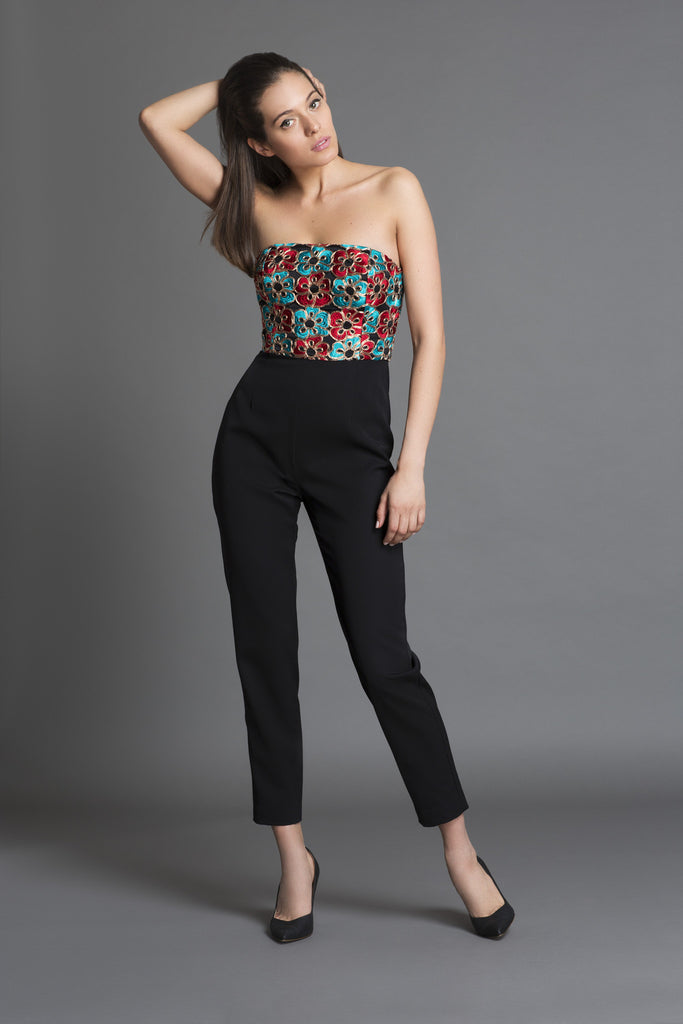 Rose d'Orient Jumpsuit in Wool Gabardine + Embroidered Cutwork Lace