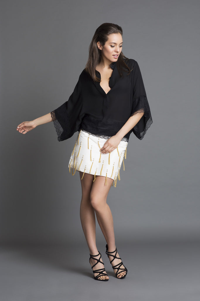 Shimmy Statement Mini Skirt Embellished with Pearls + Gold Tassles