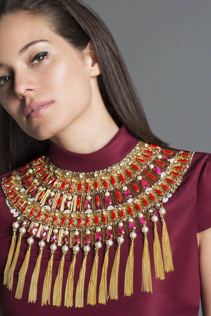 Cleopatra Dress in Silk Faille + Collar Embellishment