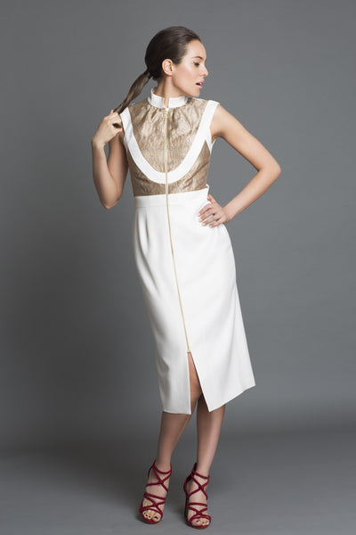 Art-of-Yoke Dress in Super 160s Wool + Benares Silk Brocade