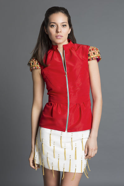 Art-of-Yoke Peplum Top in Silk Faille with Embellished Cap Sleeve